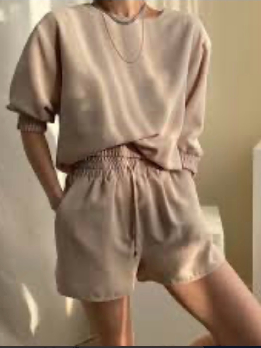 Cream Satin Lounge Set - Short Sleeve Top & Drawstring Shorts